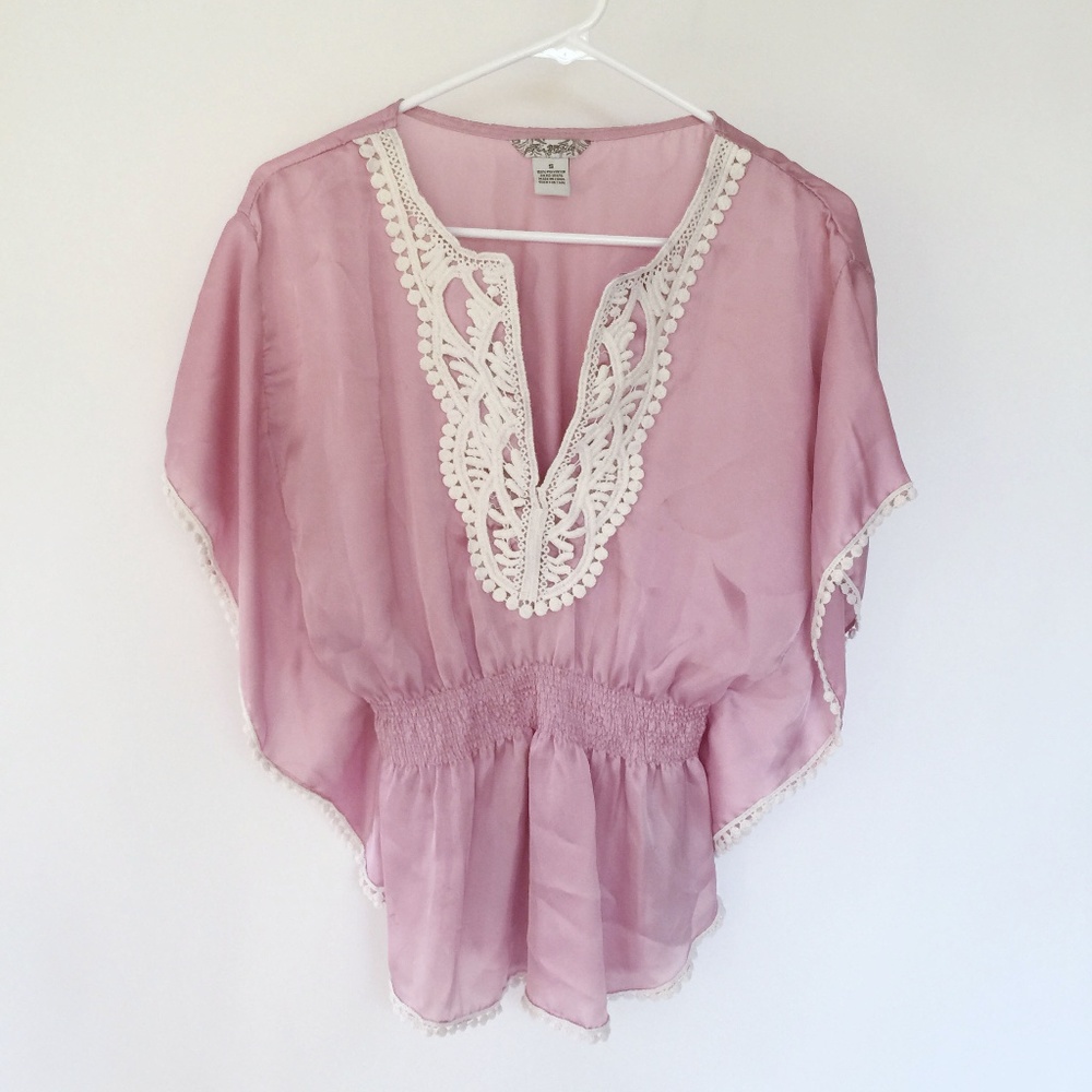 White lace Pink Butterfly Ruffle Boho Blouse S